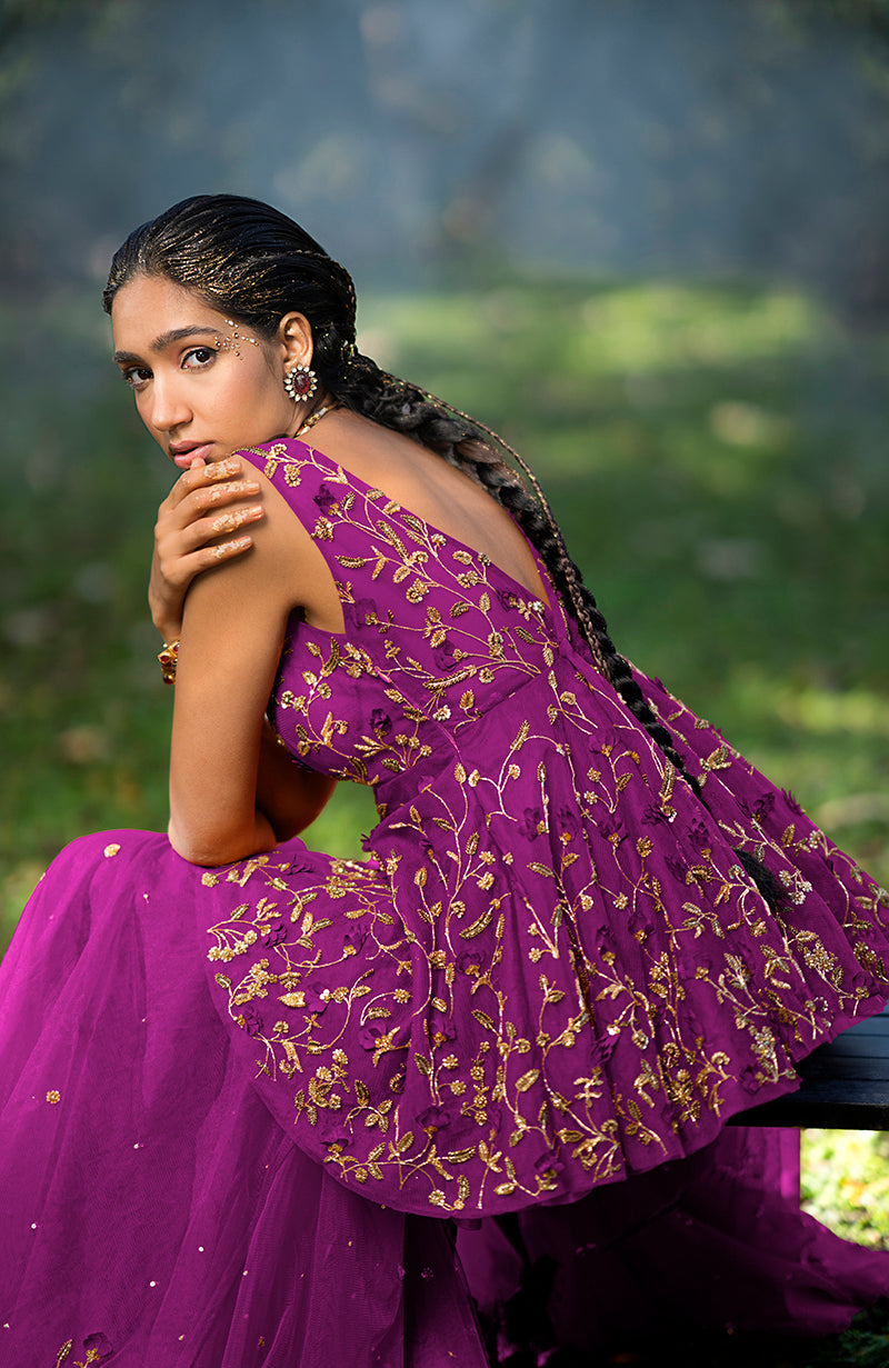 Berry-colored sharara set with 3-D floral and zardozi hand embroidery on tulle fabric.