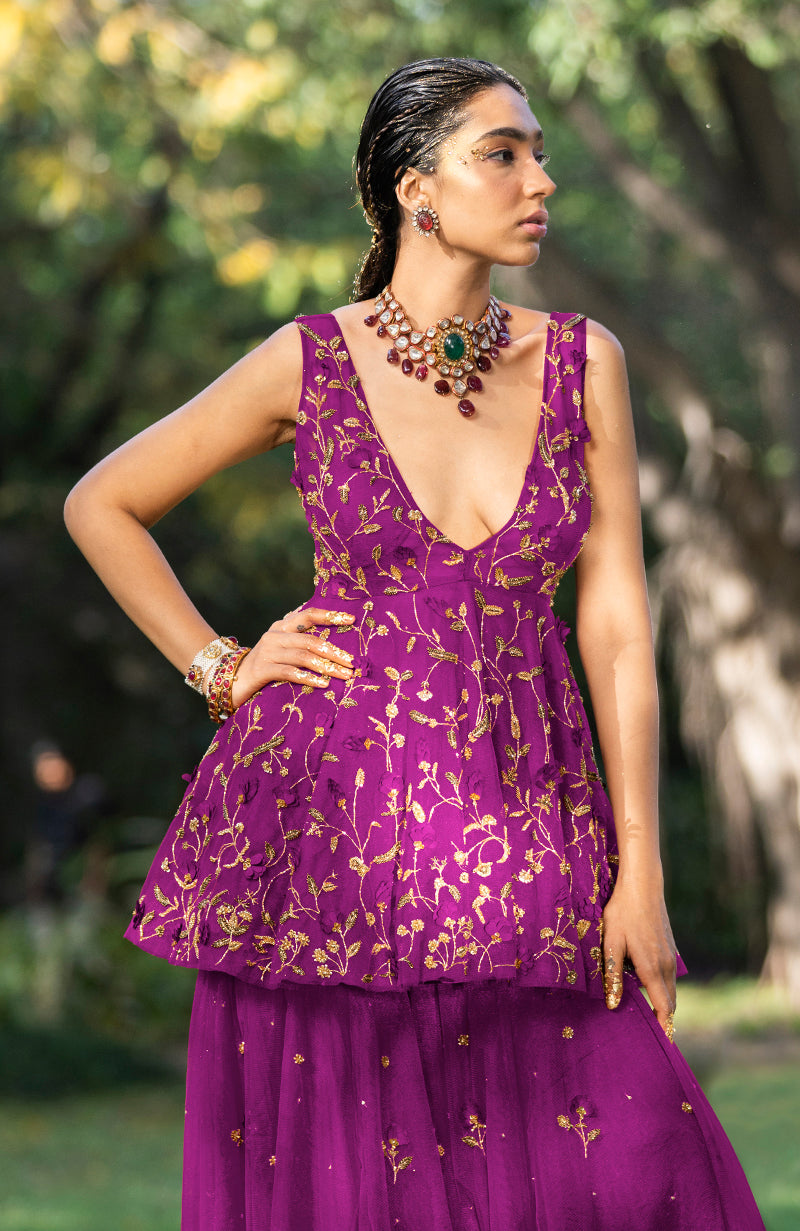 Berry-colored sharara set with 3-D floral and gold hand embroidery on soft tulle fabric.
