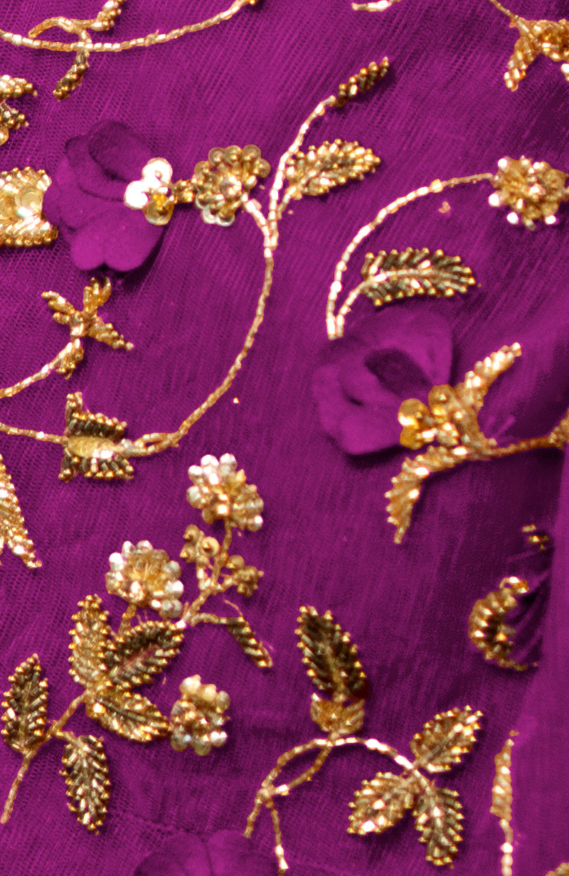 Berry-colored sharara set with 3-D floral and gold hand embroidery on soft tulle fabric.