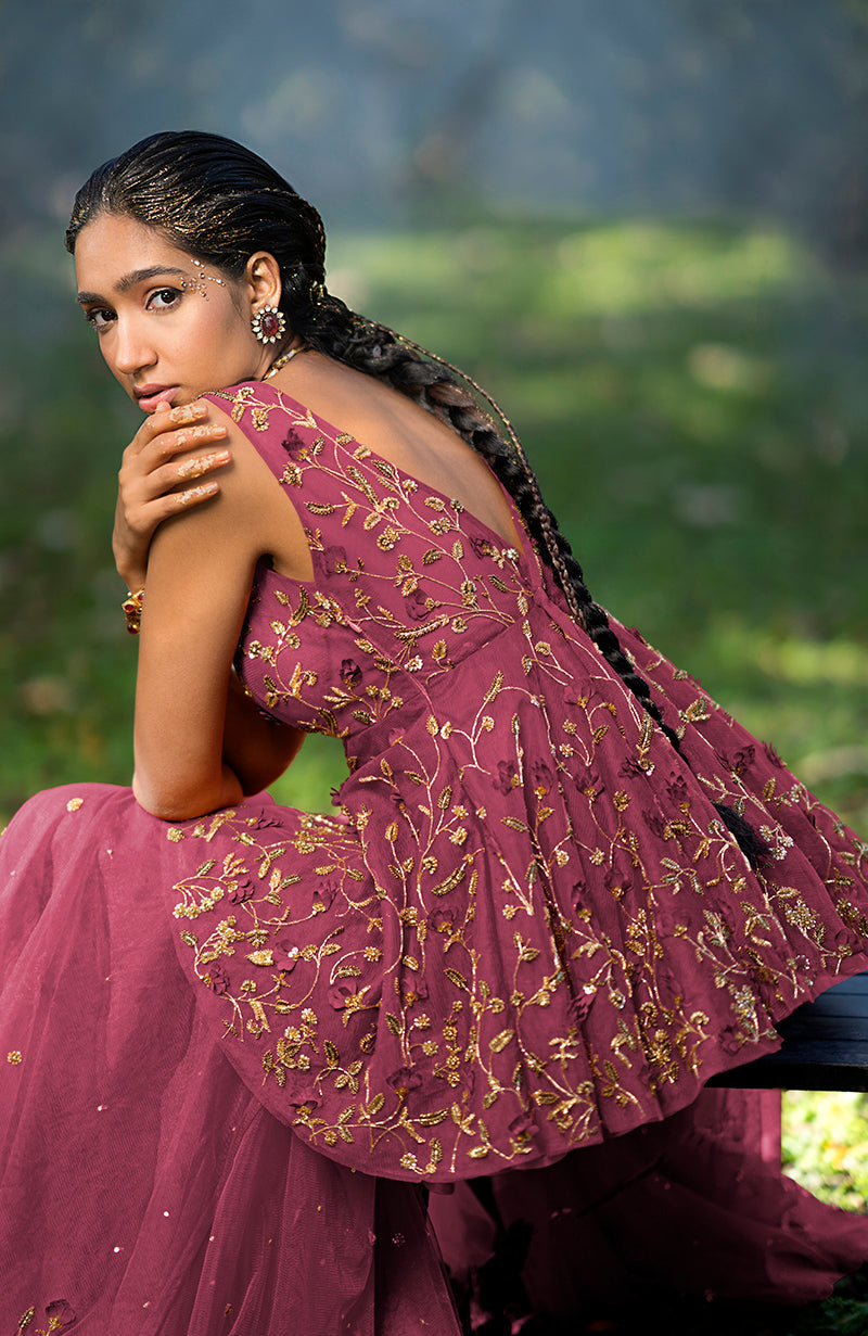 Chianti red sharara set with 3-D floral and gold hand embroidery on tulle fabric.