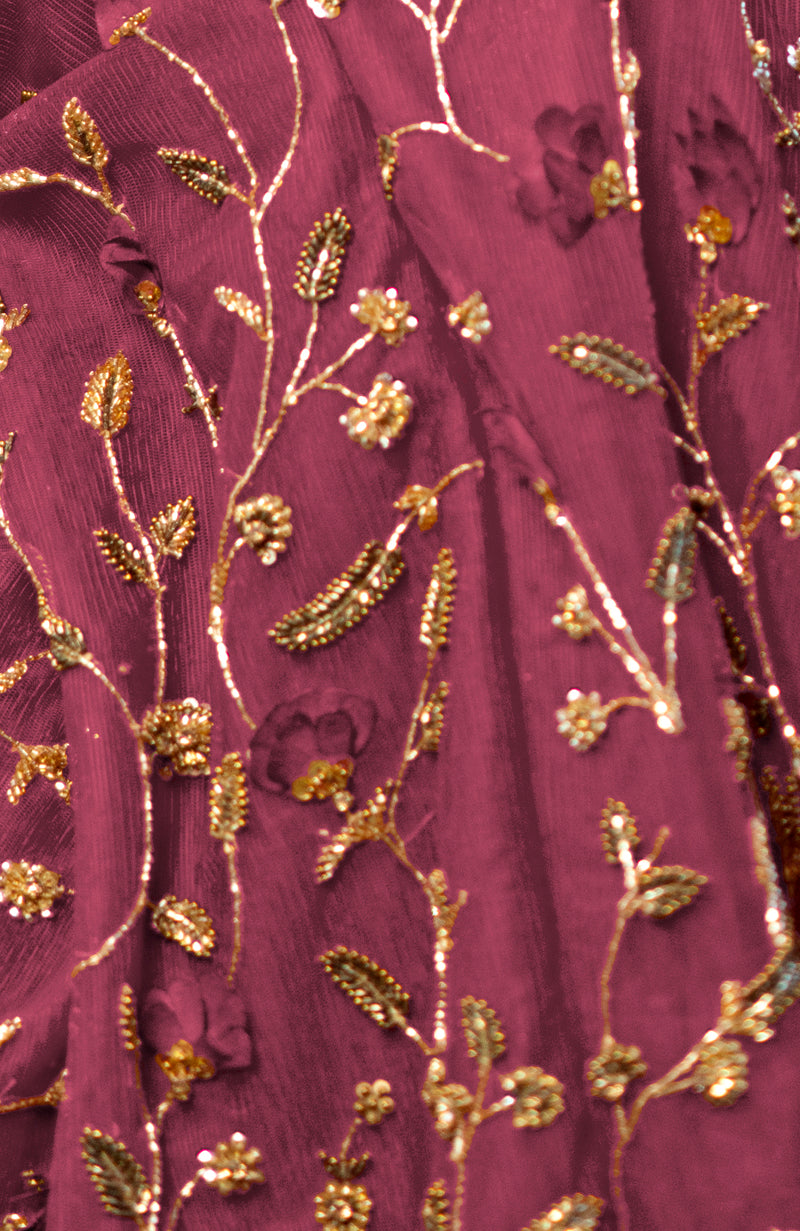 Chianti 3D floral hand-embroidered sharara set with deep V-neck padded peplum top and tulle dupatta