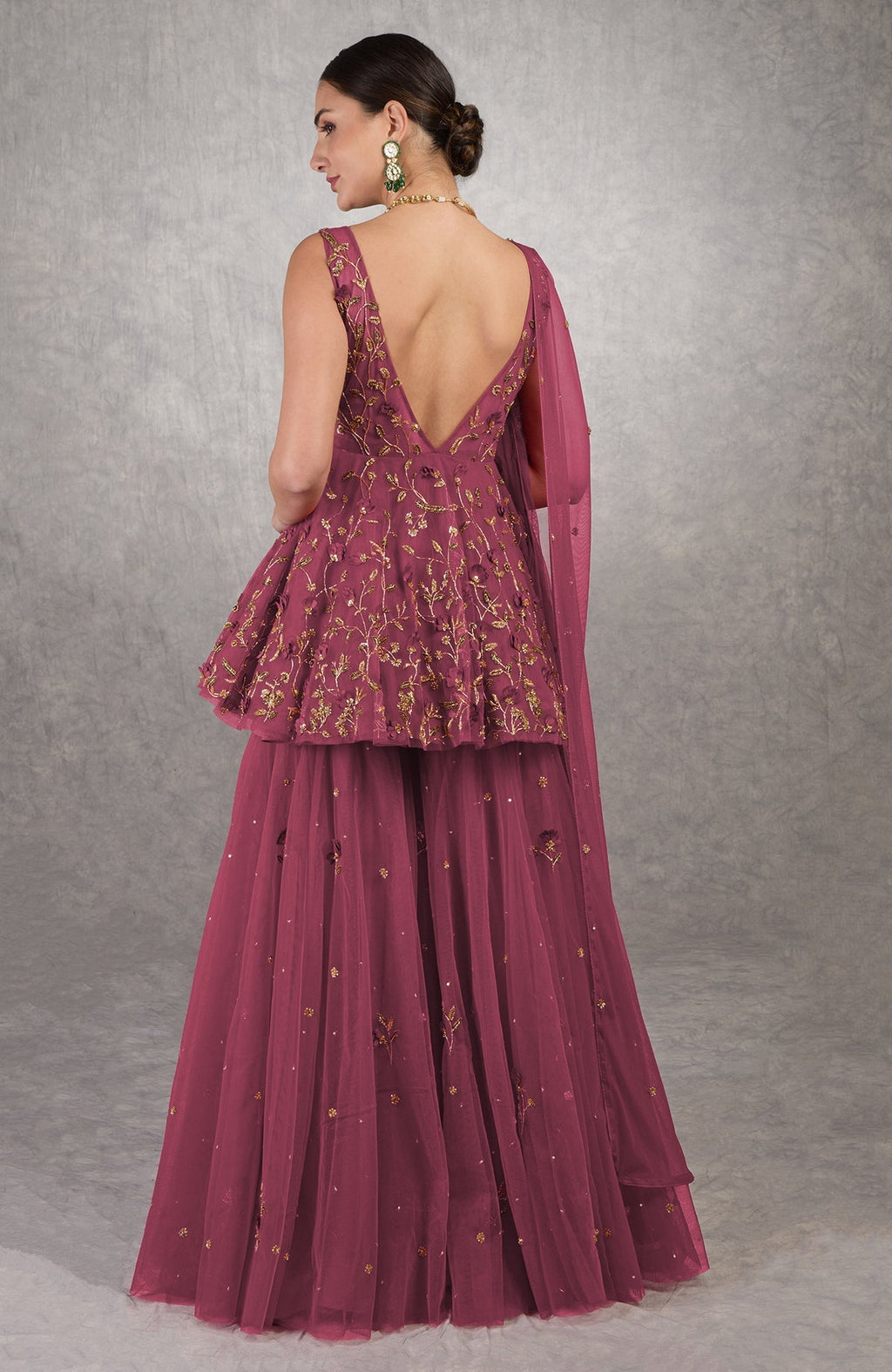 Chianti 3D floral hand-embroidered sharara set with deep V-neck peplum top and tulle dupatta