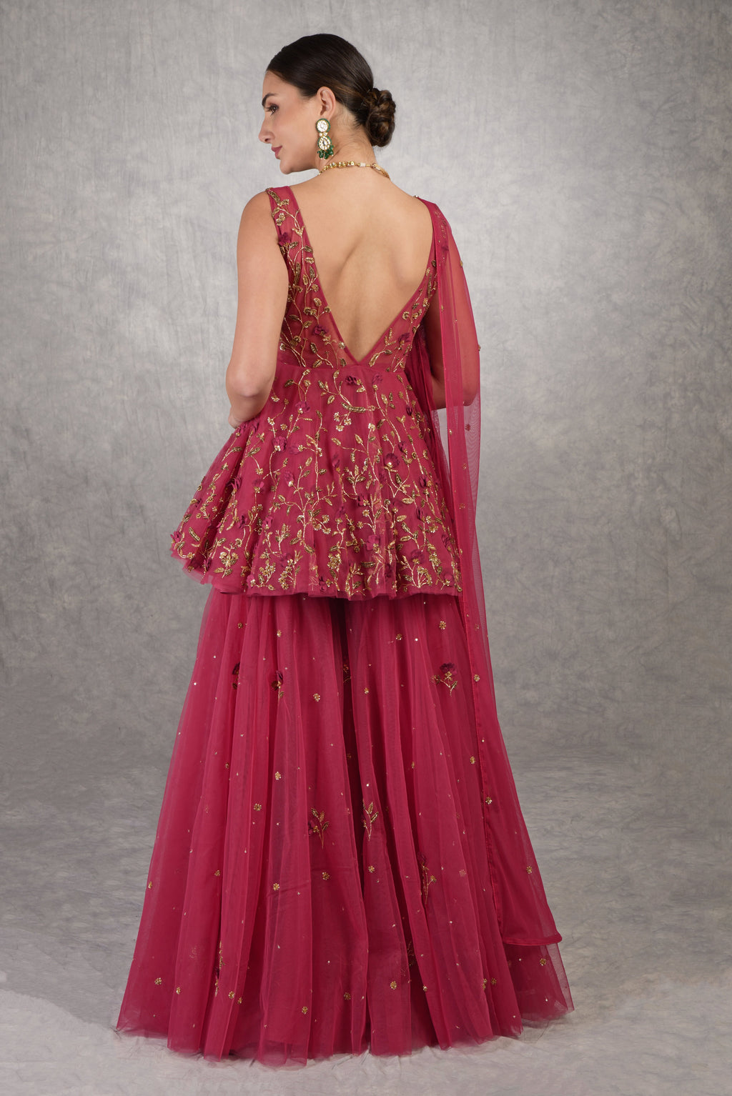 Red sharara set with 3D floral and zardozi hand embroidery on tulle fabric