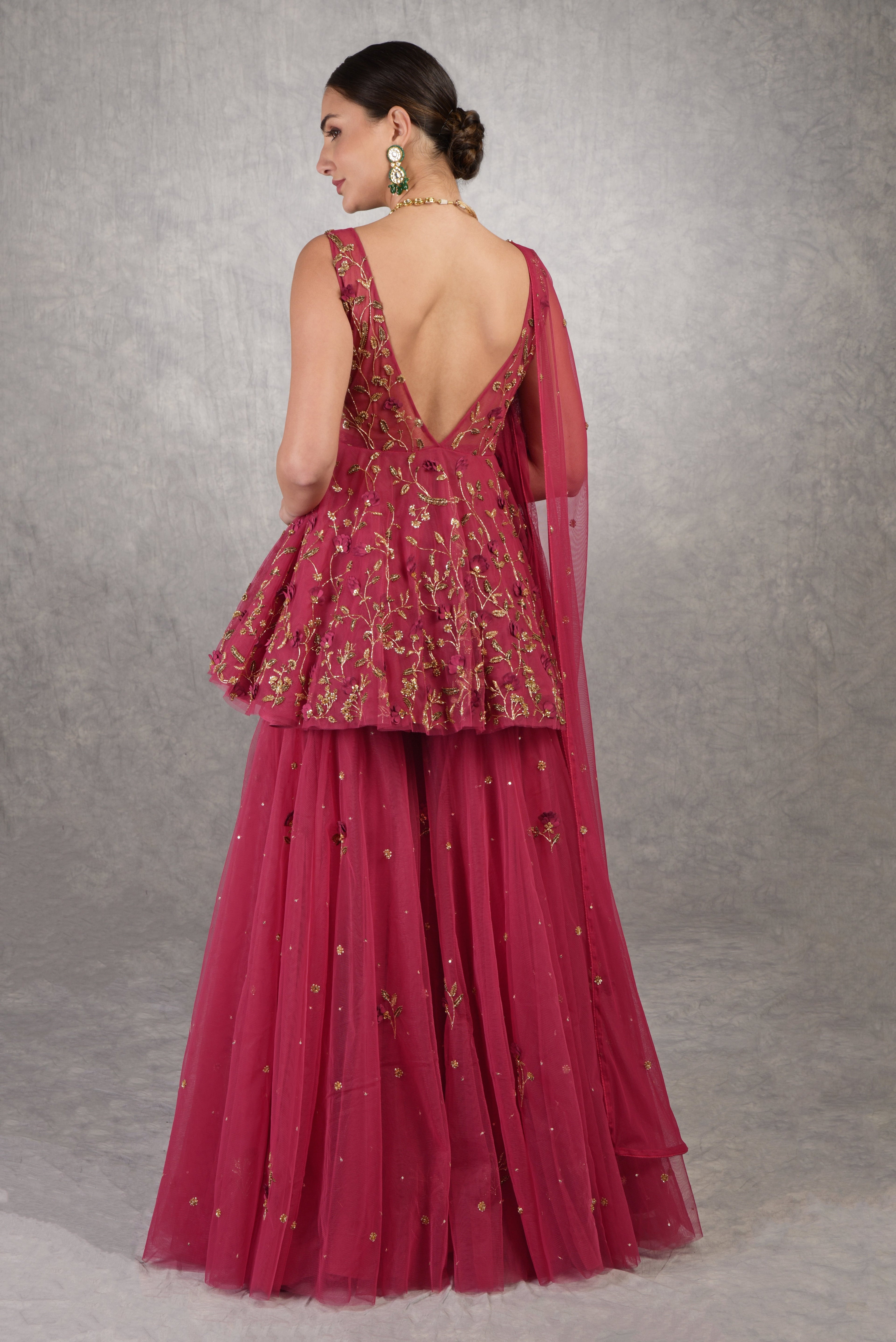 Red sharara set with 3D floral and zardozi hand embroidery on tulle fabric