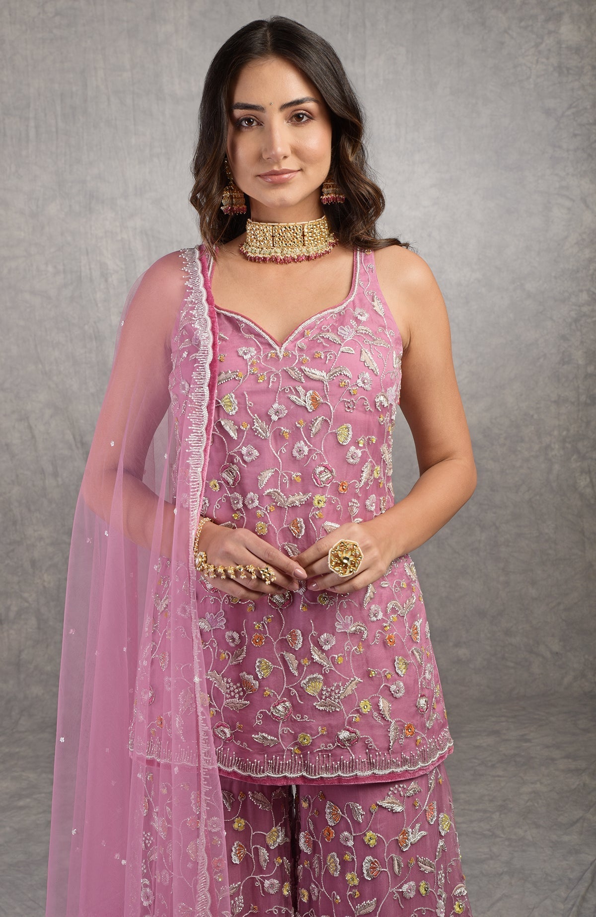 Mauve orchid sharara set with hand-embroidered floral motifs and velvet trims on organza fabric