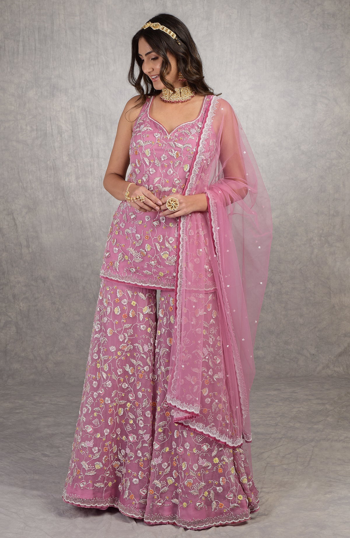 Mauve orchid sharara set with hand-embroidered floral motifs and velvet trims on organza fabric