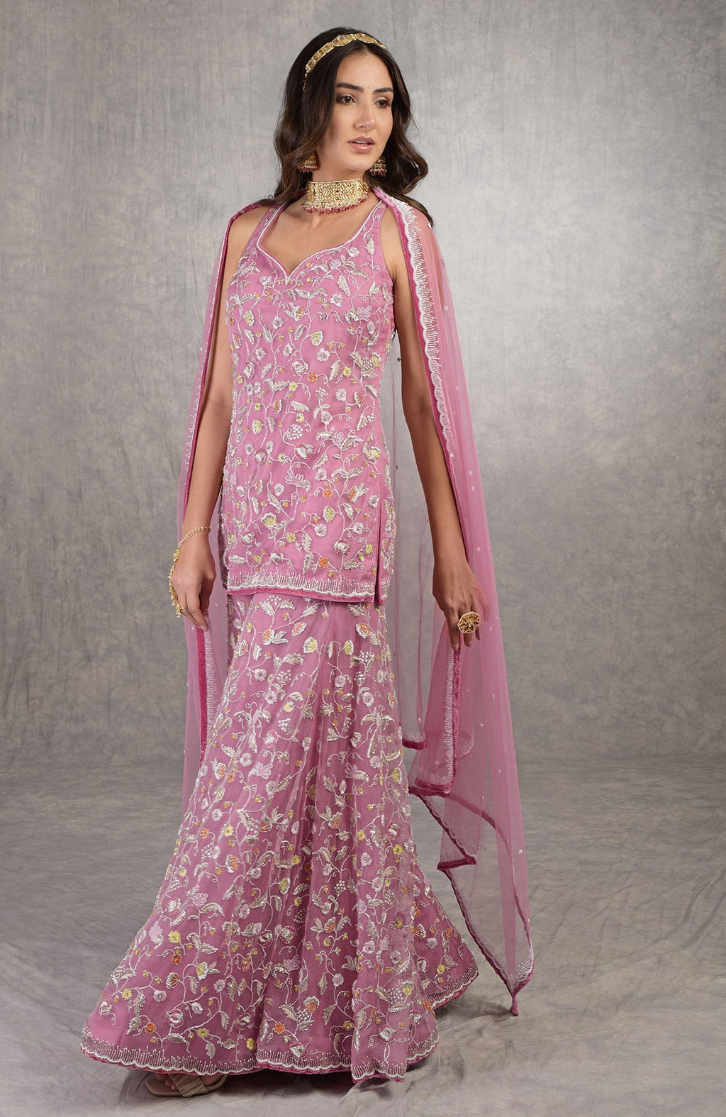 Mauve orchid sharara set with hand-embroidered floral motifs and velvet trims on silk organza.