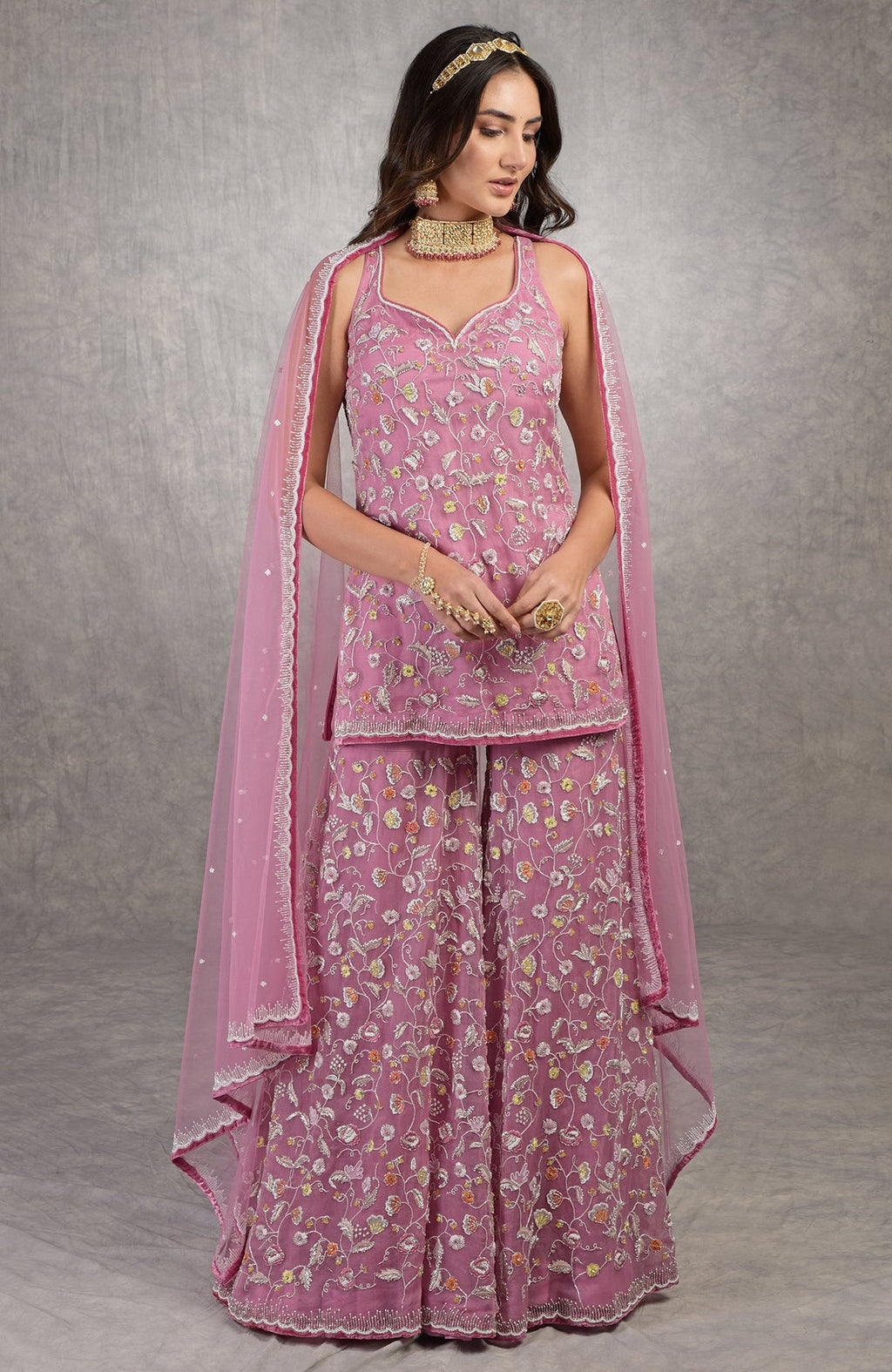 Mauve orchid sharara set with hand-embroidered floral motifs and velvet trims on organza fabric