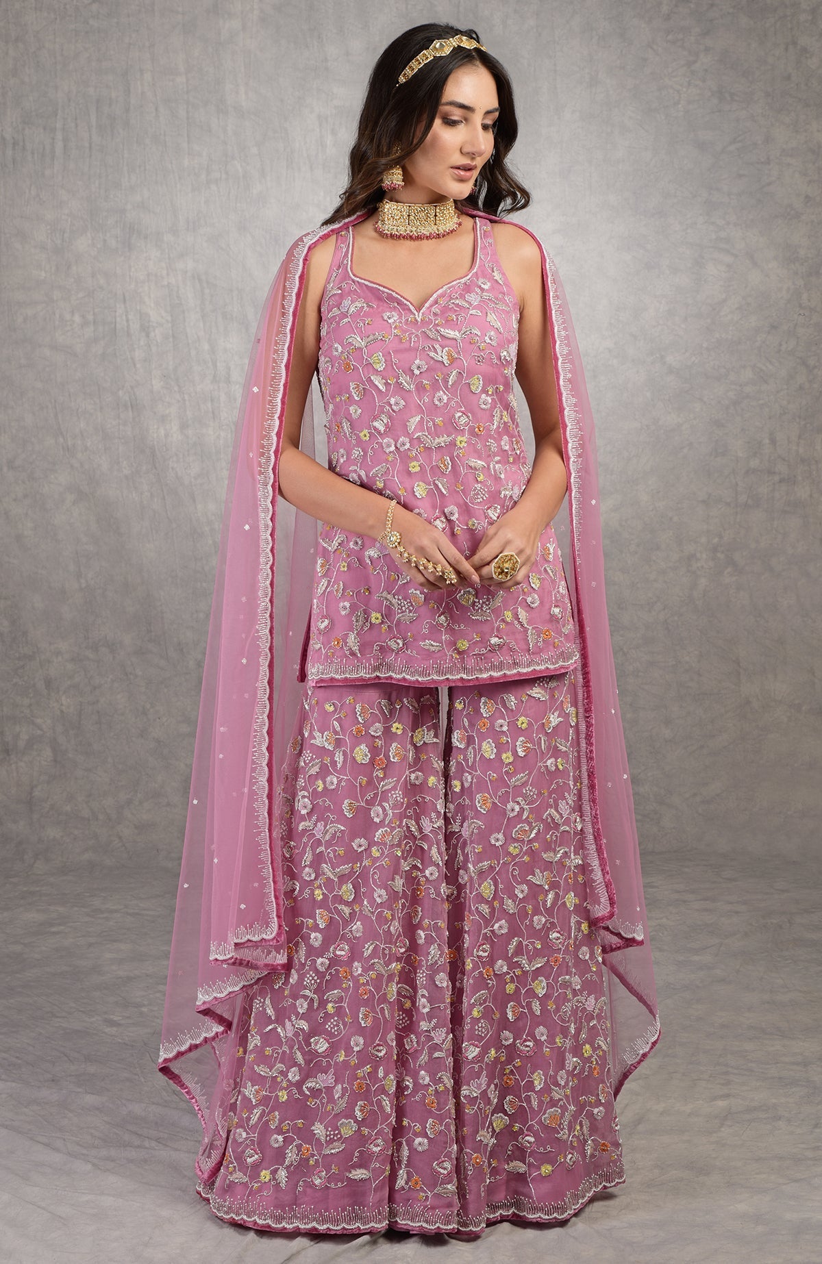 Mauve orchid sharara set with hand-embroidered floral motifs and velvet trims on organza fabric