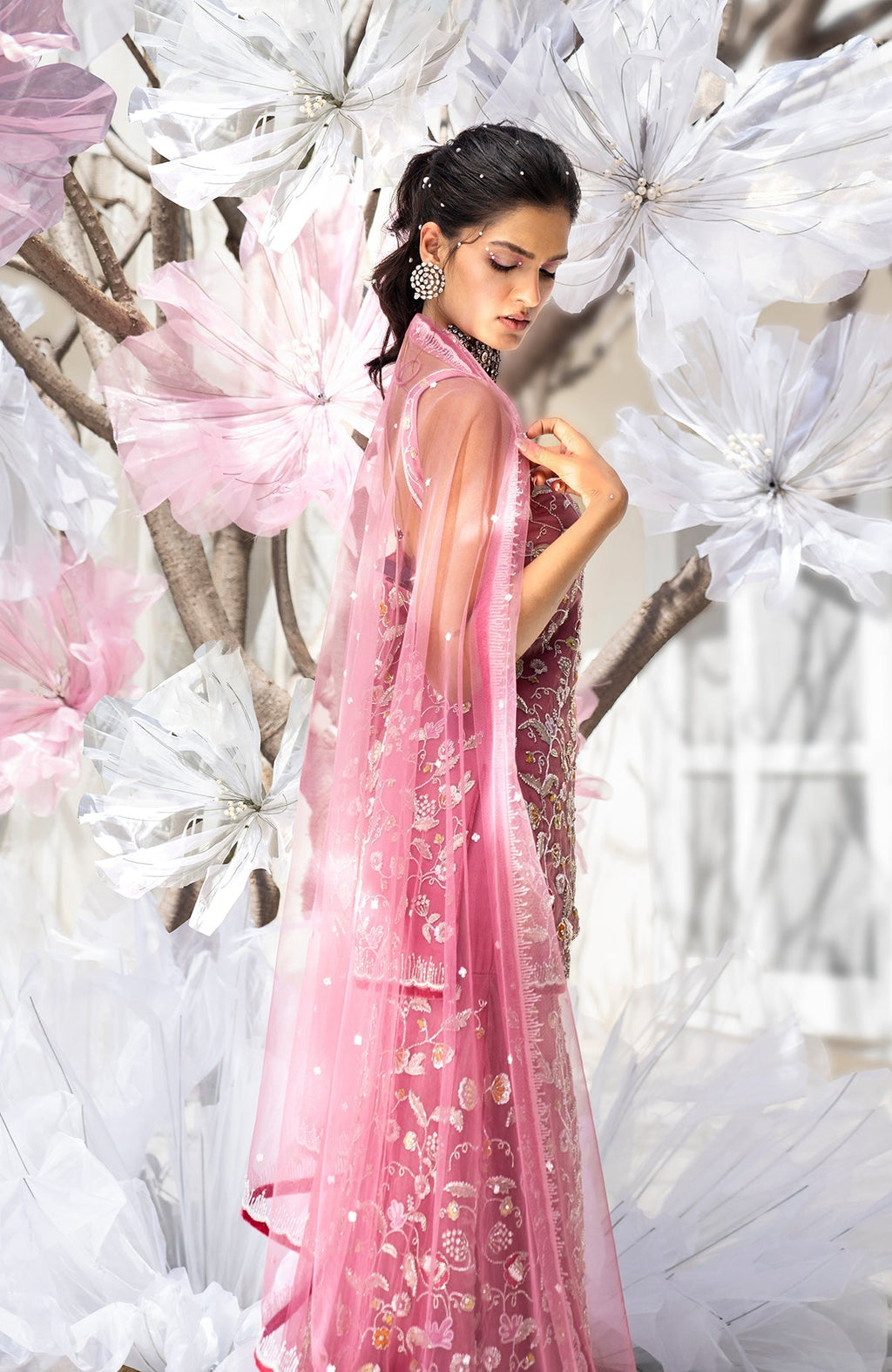 Mauve orchid sharara set with hand-embroidered floral motifs and velvet trims on silk organza.