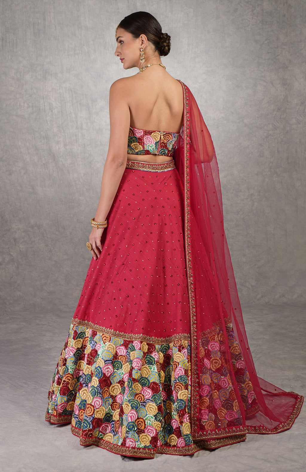 Red corset blouse with multicolor resham embroidery and floral bead and sequin details
