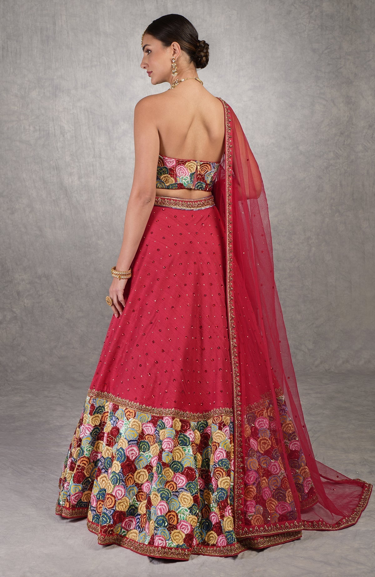 Red corset blouse with multicolor resham embroidery and floral bead and sequin details