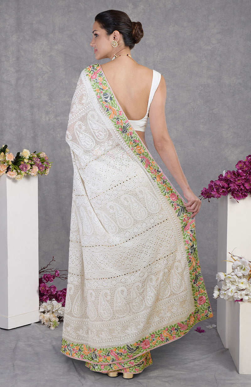 Ivory Georgette saree with hand-embroidered Chikankari and Parsi Gara floral and bird motifs border