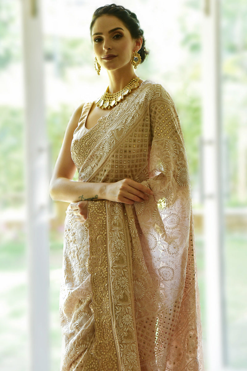 Oyster pink Georgette saree with hand-embroidered Chikankari and rose gold gota patti borders