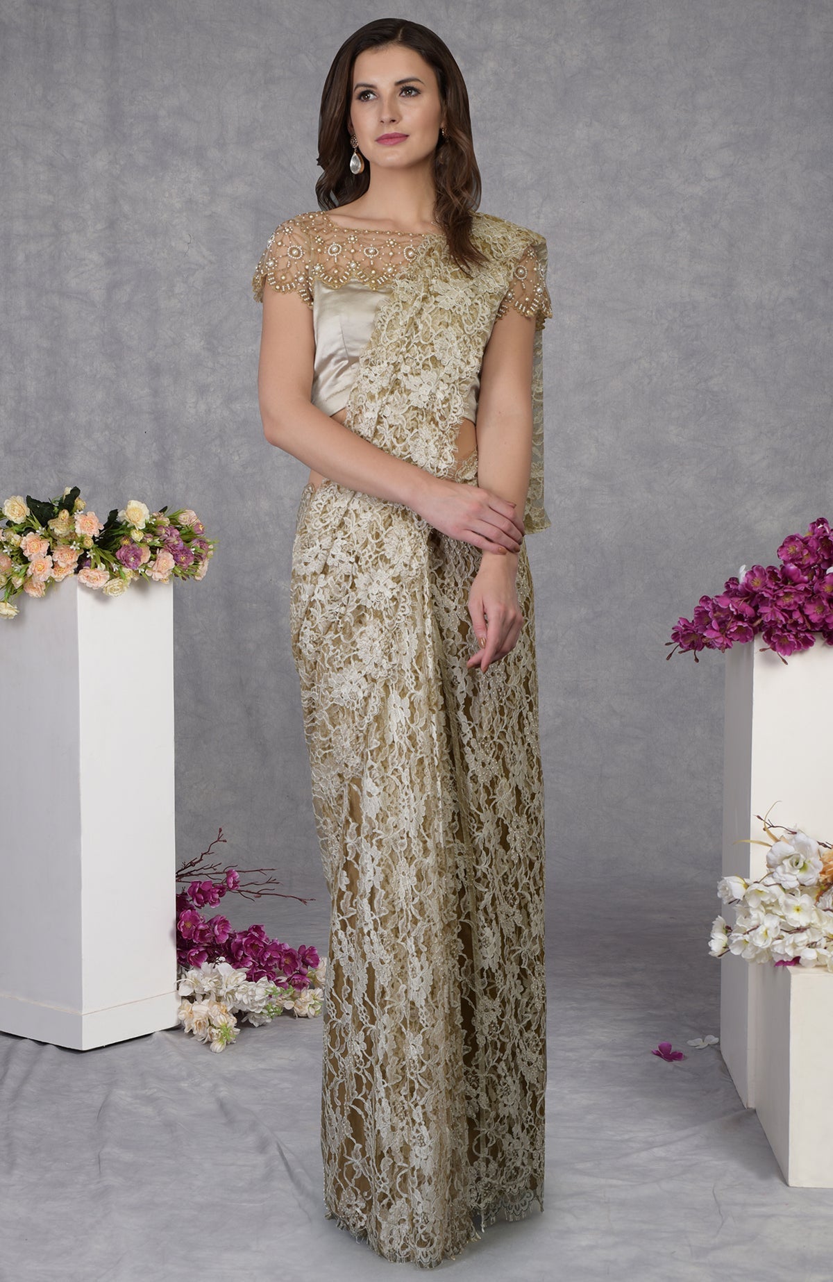 Beige French Chantilly lace saree with embroidered satin blouse featuring pearl bead floral design