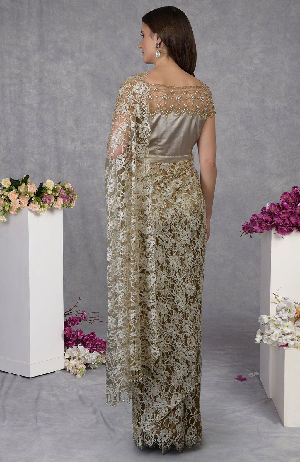 Beige French Chantilly lace saree with embroidered satin blouse featuring pearl bead floral patterns