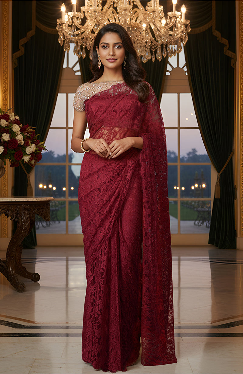 Maroon French Chantilly Lace Saree With Hand Embroidered Blouse