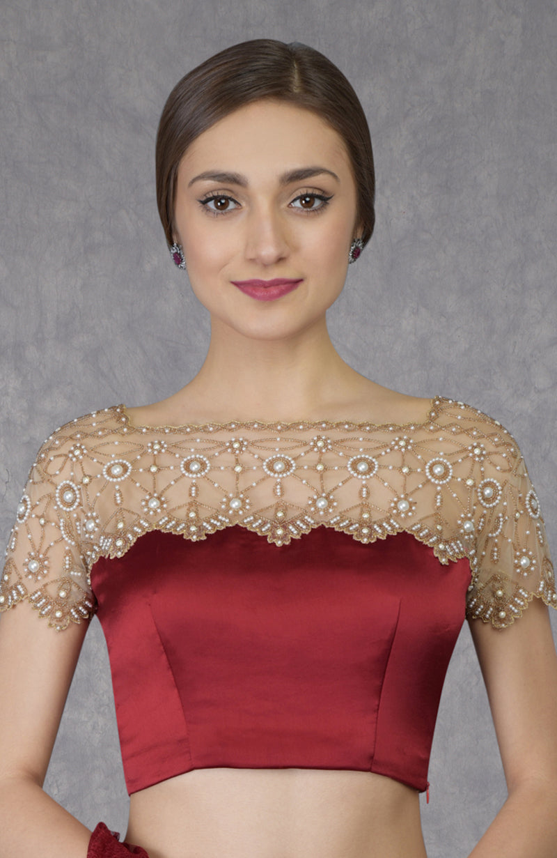 Maroon French Chantilly lace saree with hand embroidered pearl bead floral blouse