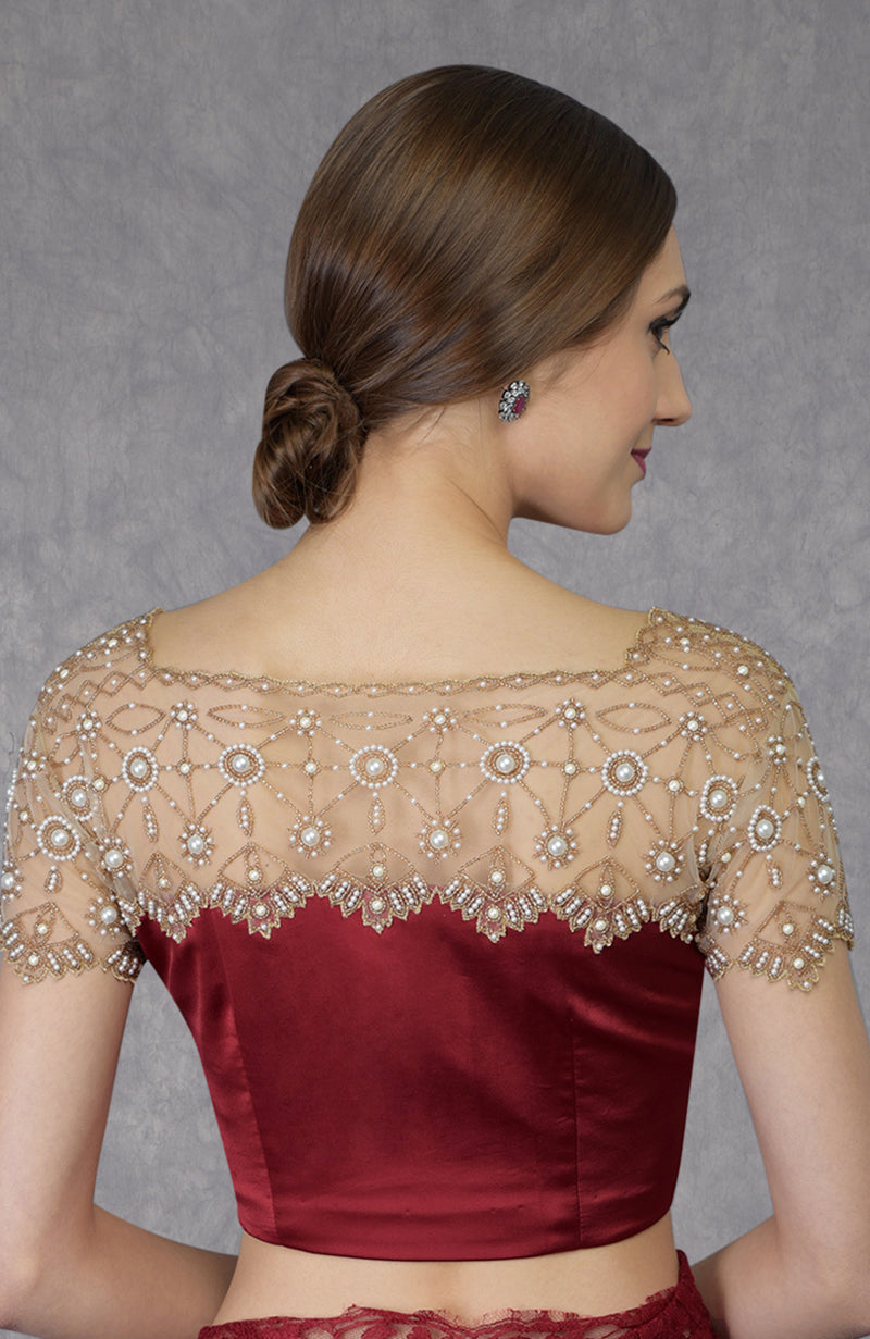 Maroon French Chantilly lace saree with hand embroidered pearl bead floral blouse
