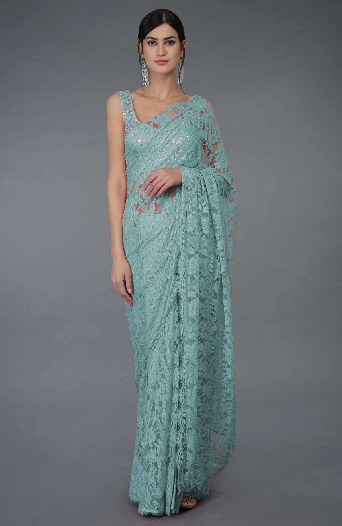 Blue haze French Chantilly lace saree with hand embroidered sequin and bead blouse