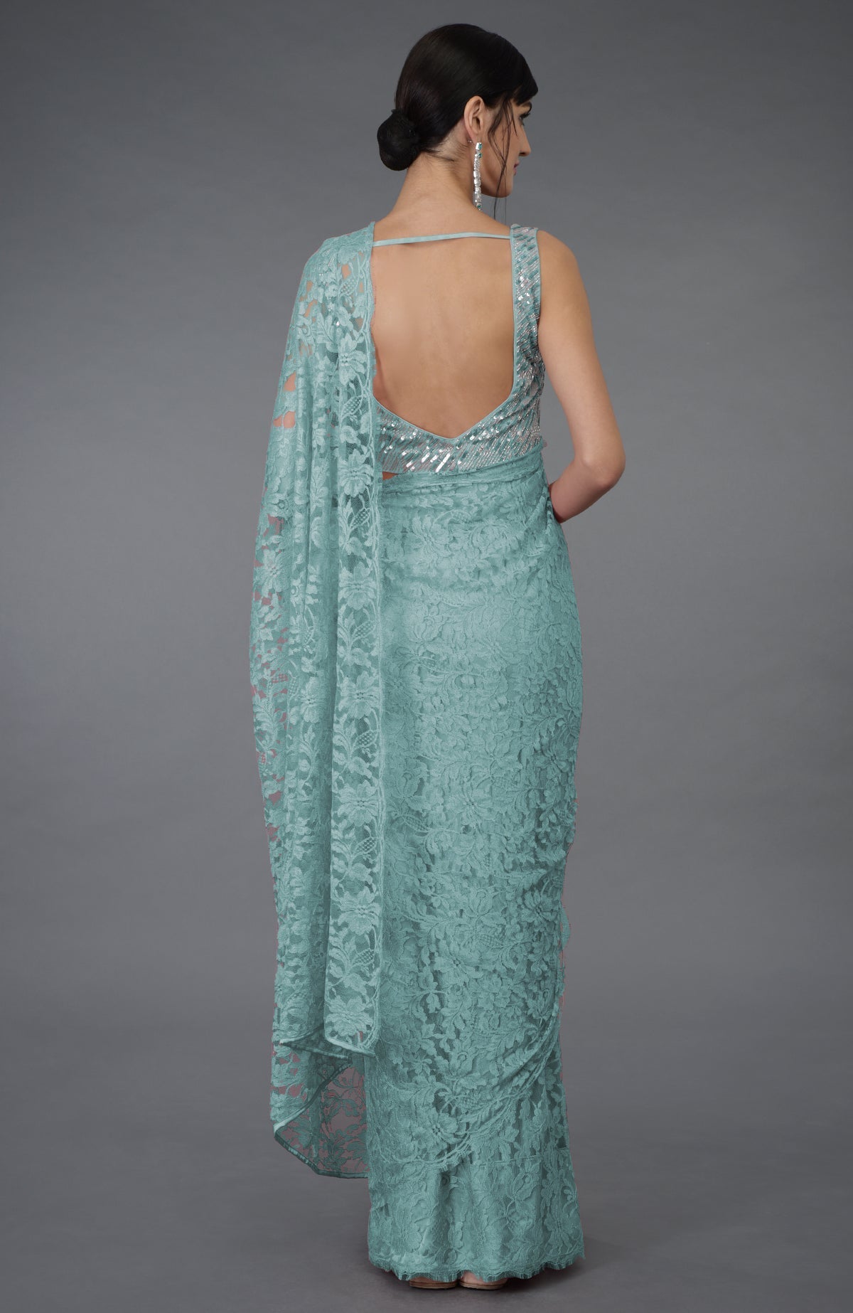 Blue haze French Chantilly lace saree with hand embroidered sequin and bead blouse
