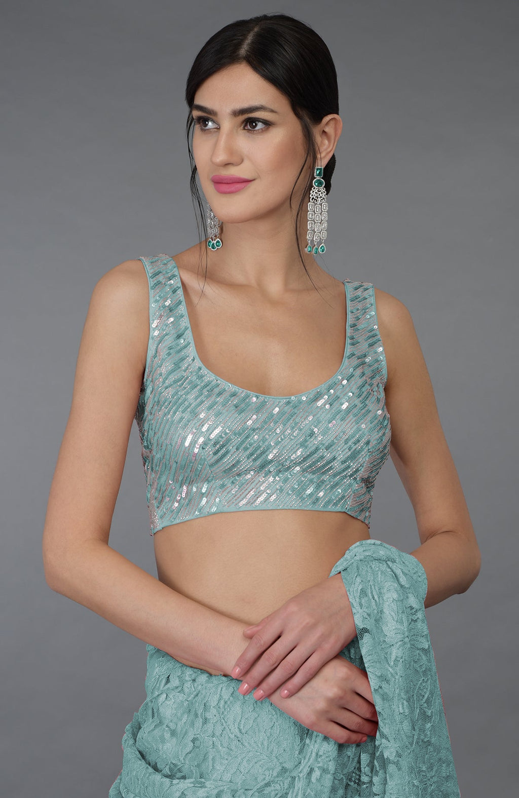 Blue haze French Chantilly lace saree with hand embroidered sequin and bead blouse