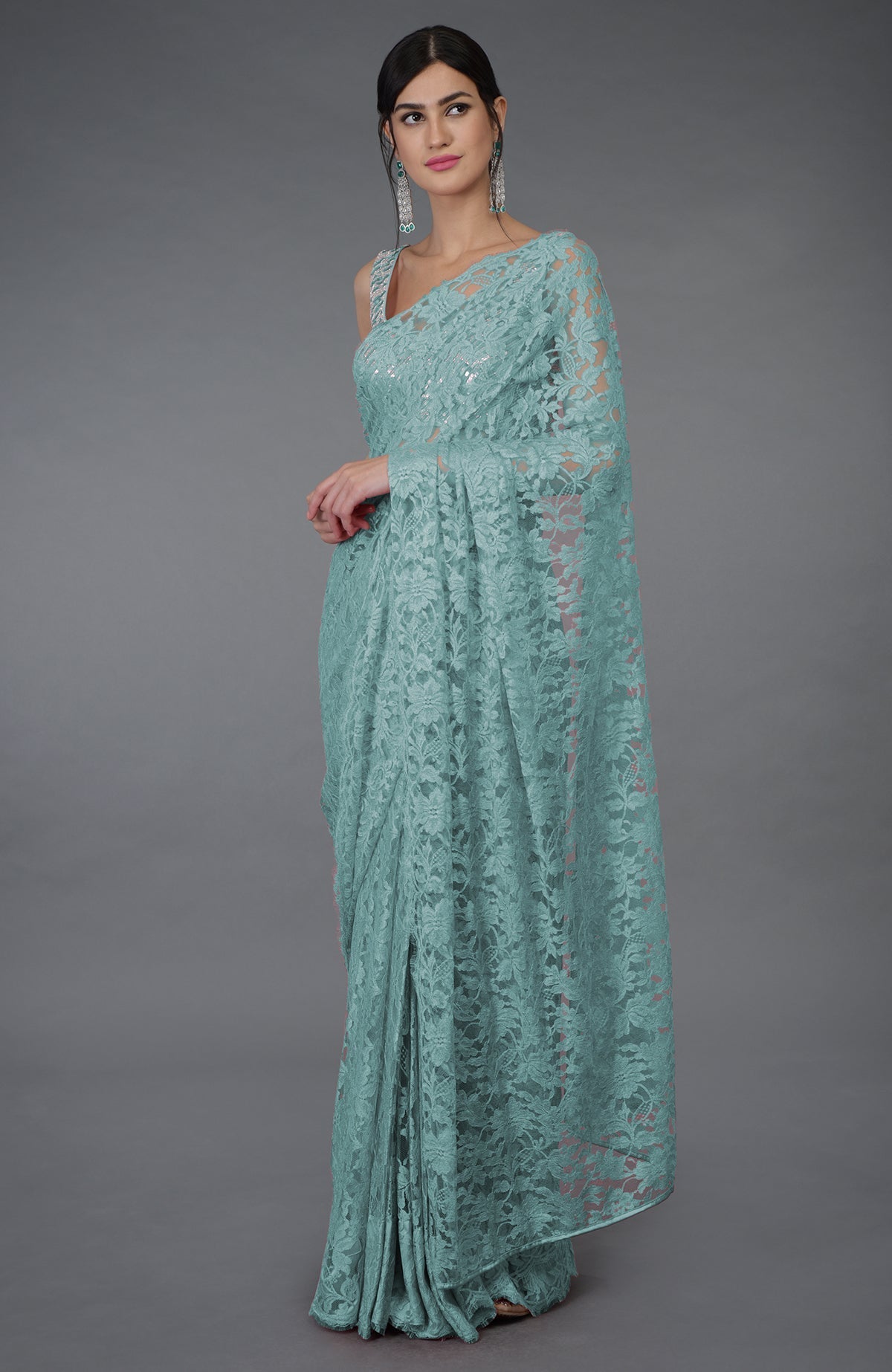 Blue haze French Chantilly lace saree with hand embroidered sequin and bead blouse