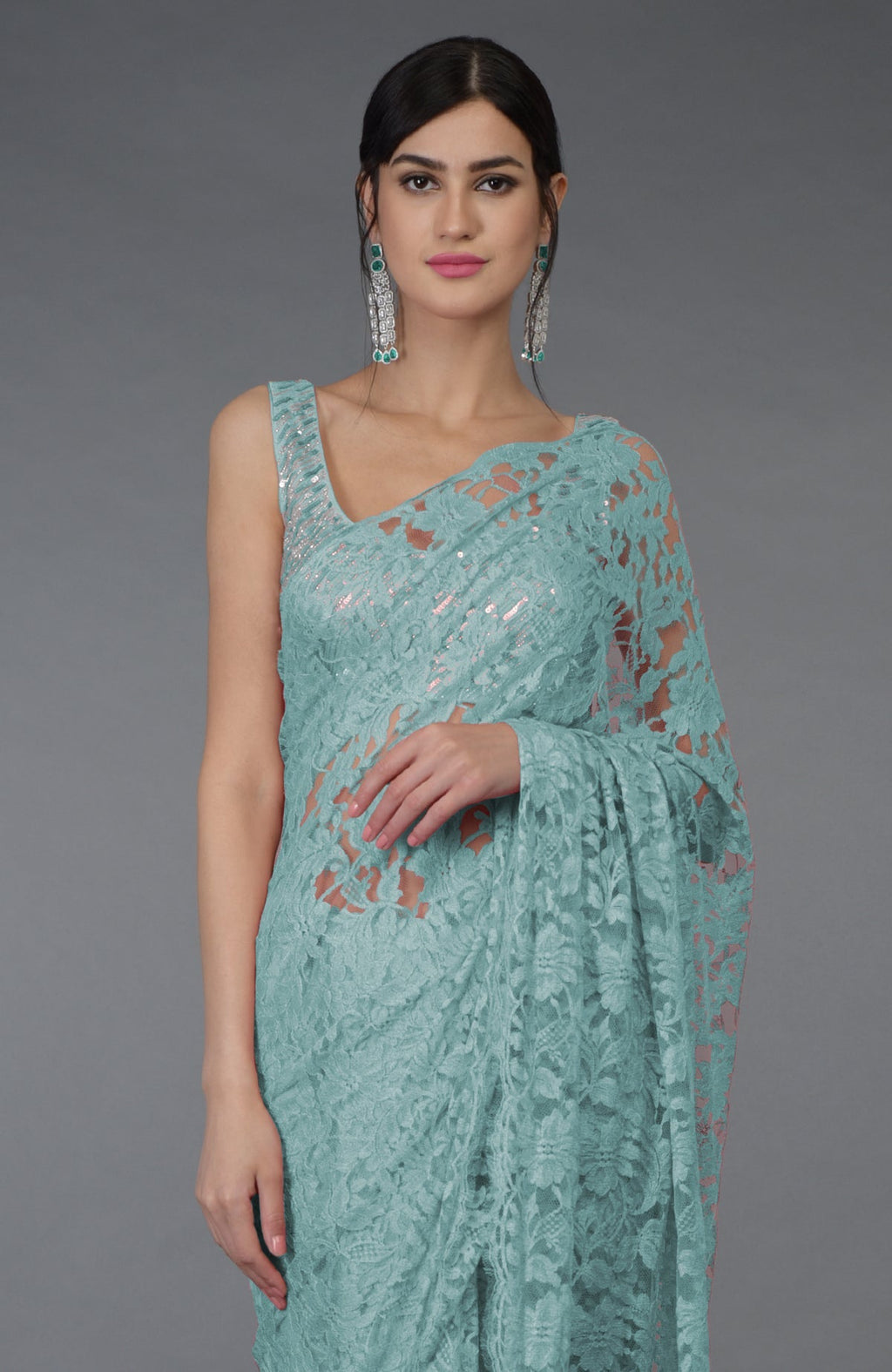 Blue Haze saree made of French Chantilly Lace with hand embroidered sequin and bead blouse