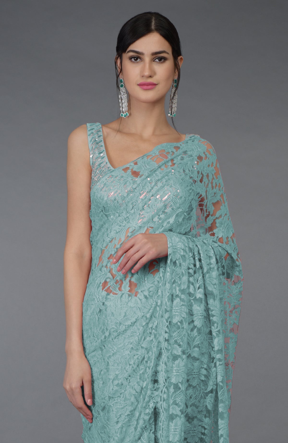 Blue Haze saree made of French Chantilly Lace with hand embroidered sequin and bead blouse