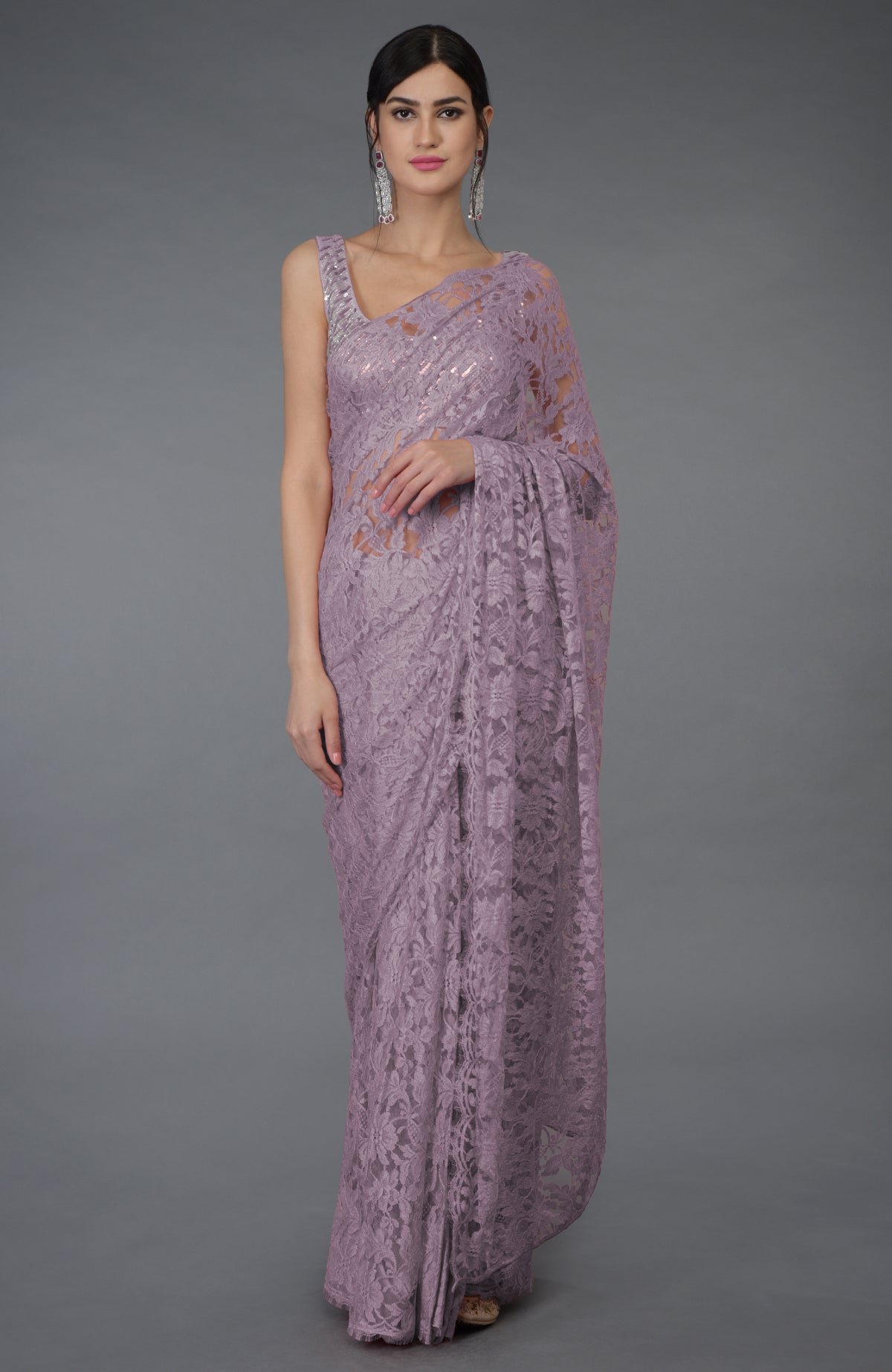 Blue haze French Chantilly lace saree with hand embroidered sequin and beads blouse