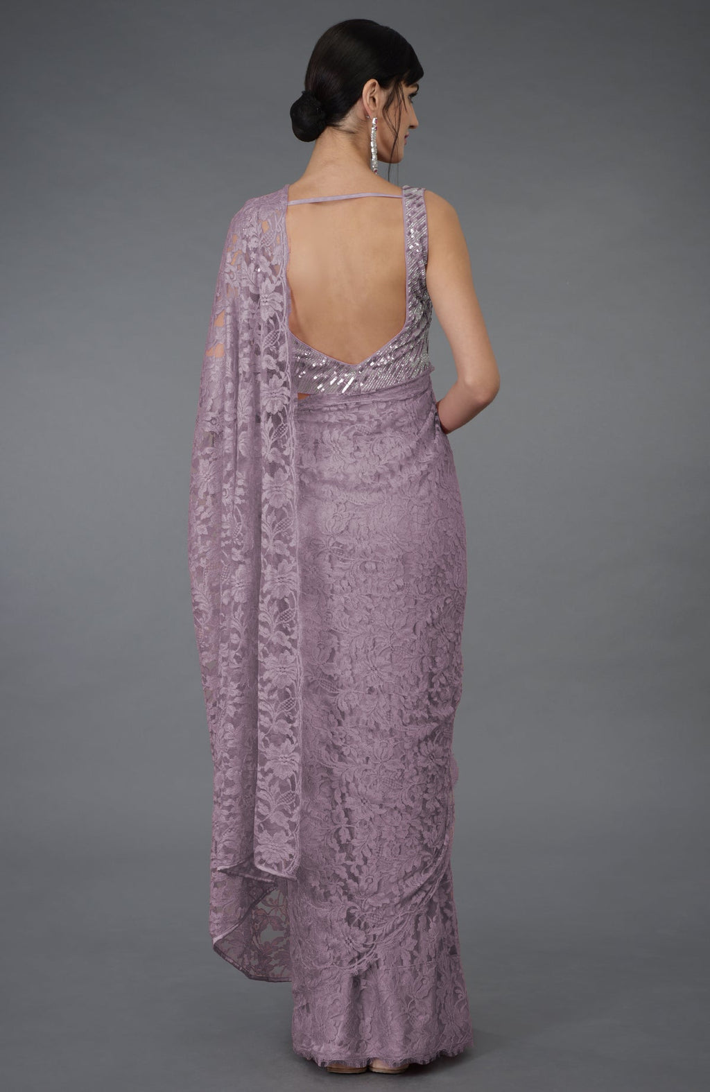 Elderberry French Chantilly Lace saree with hand embroidered sequin and bead blouse