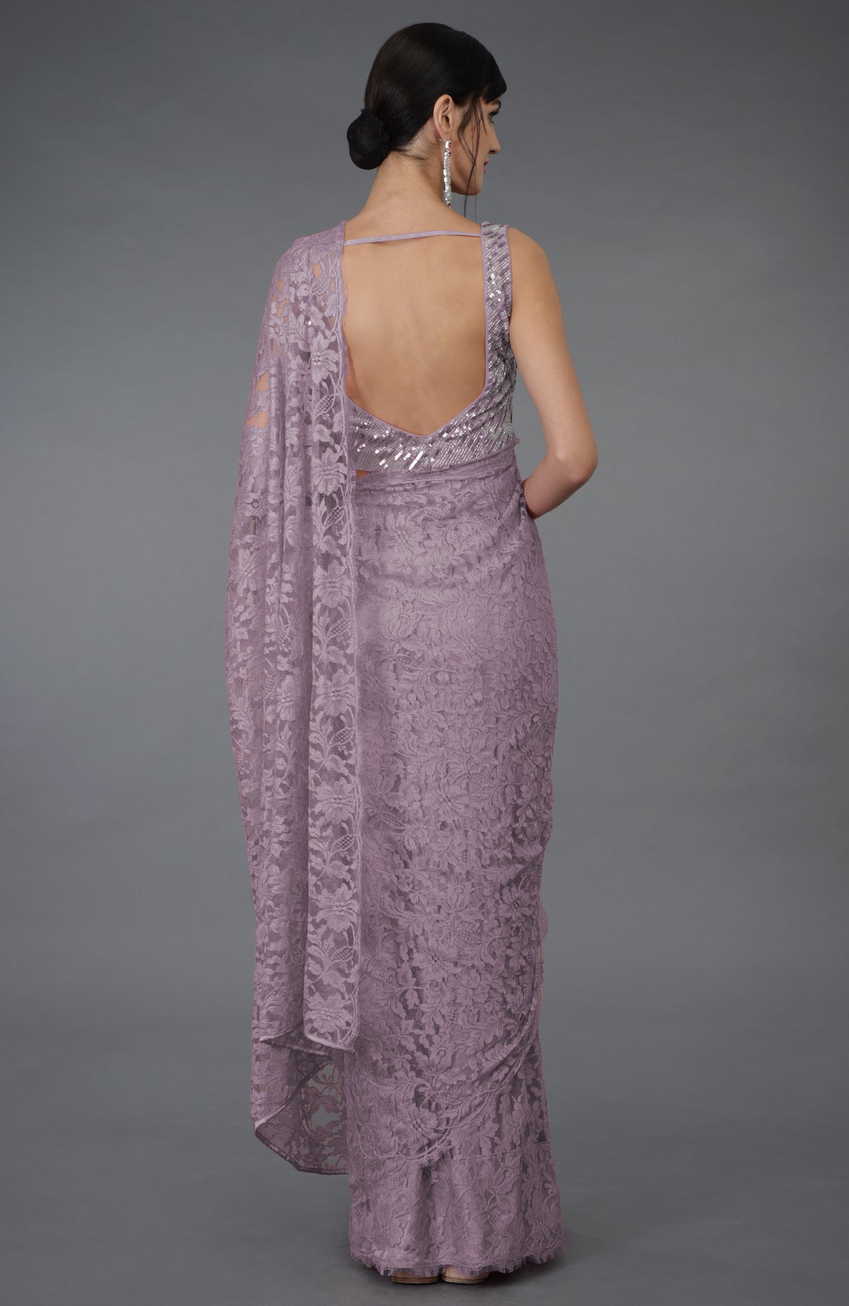 Elderberry French Chantilly Lace saree with hand embroidered sequin and bead blouse
