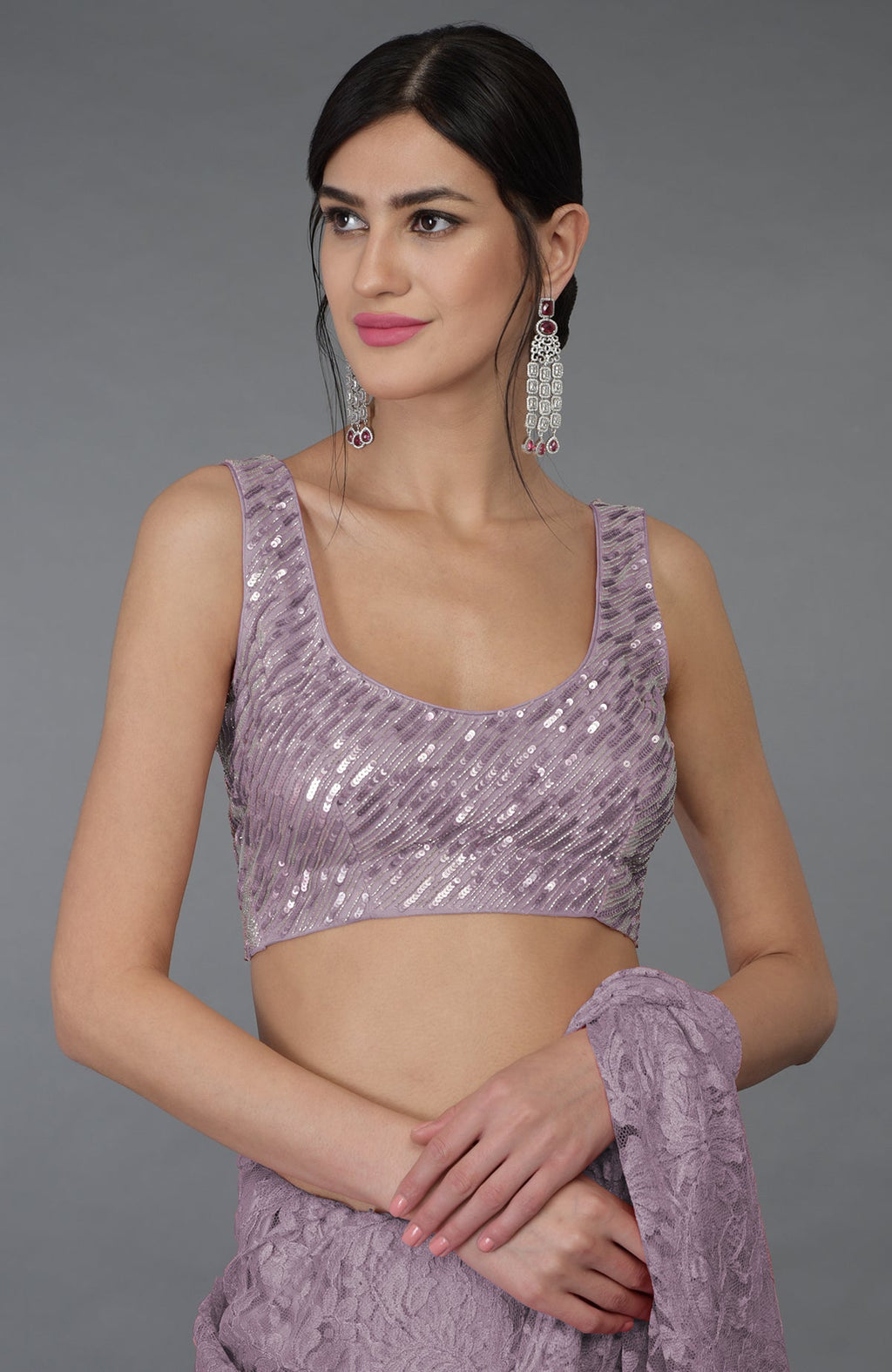 Elderberry French Chantilly Lace saree with hand embroidered sequin and bead blouse.