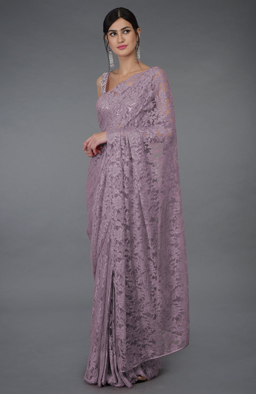 Elderberry French Chantilly lace saree with hand embroidered sequin and bead blouse.