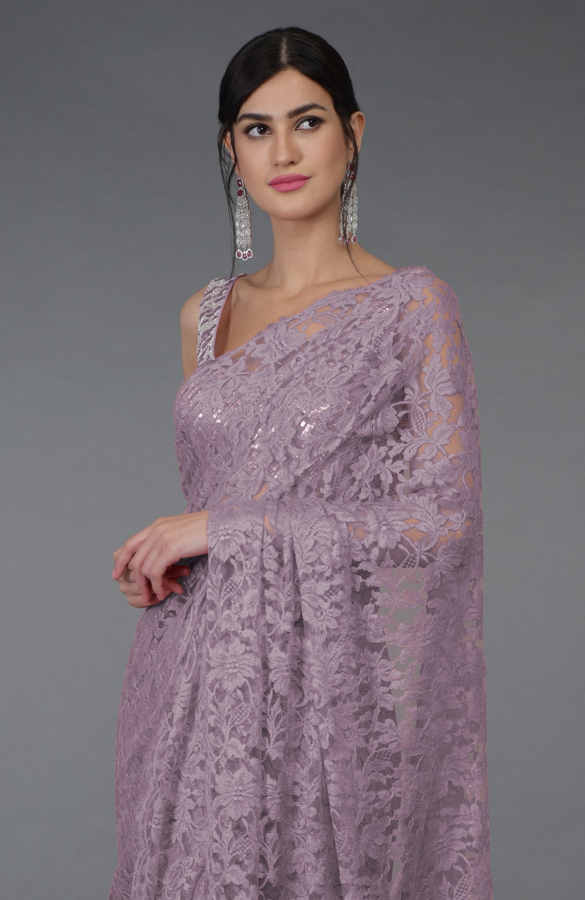 Elderberry French Chantilly Lace saree with hand embroidered sequin and bead blouse.