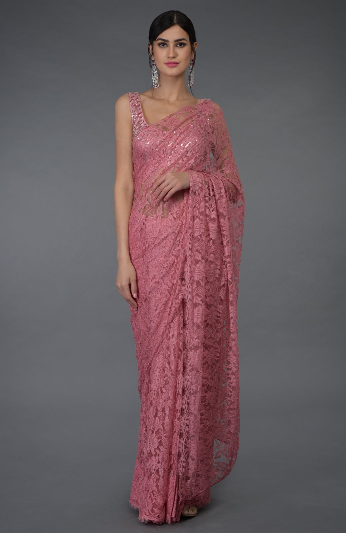 Blue haze French Chantilly lace saree with hand embroidered sequin and bead blouse