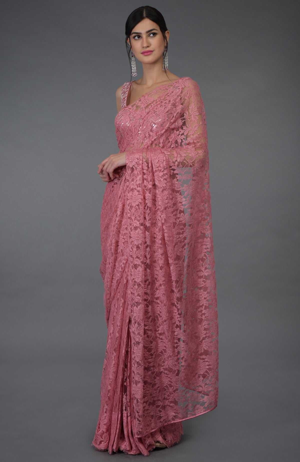 Pressed rose French Chantilly lace saree with hand embroidered sequin and bead blouse