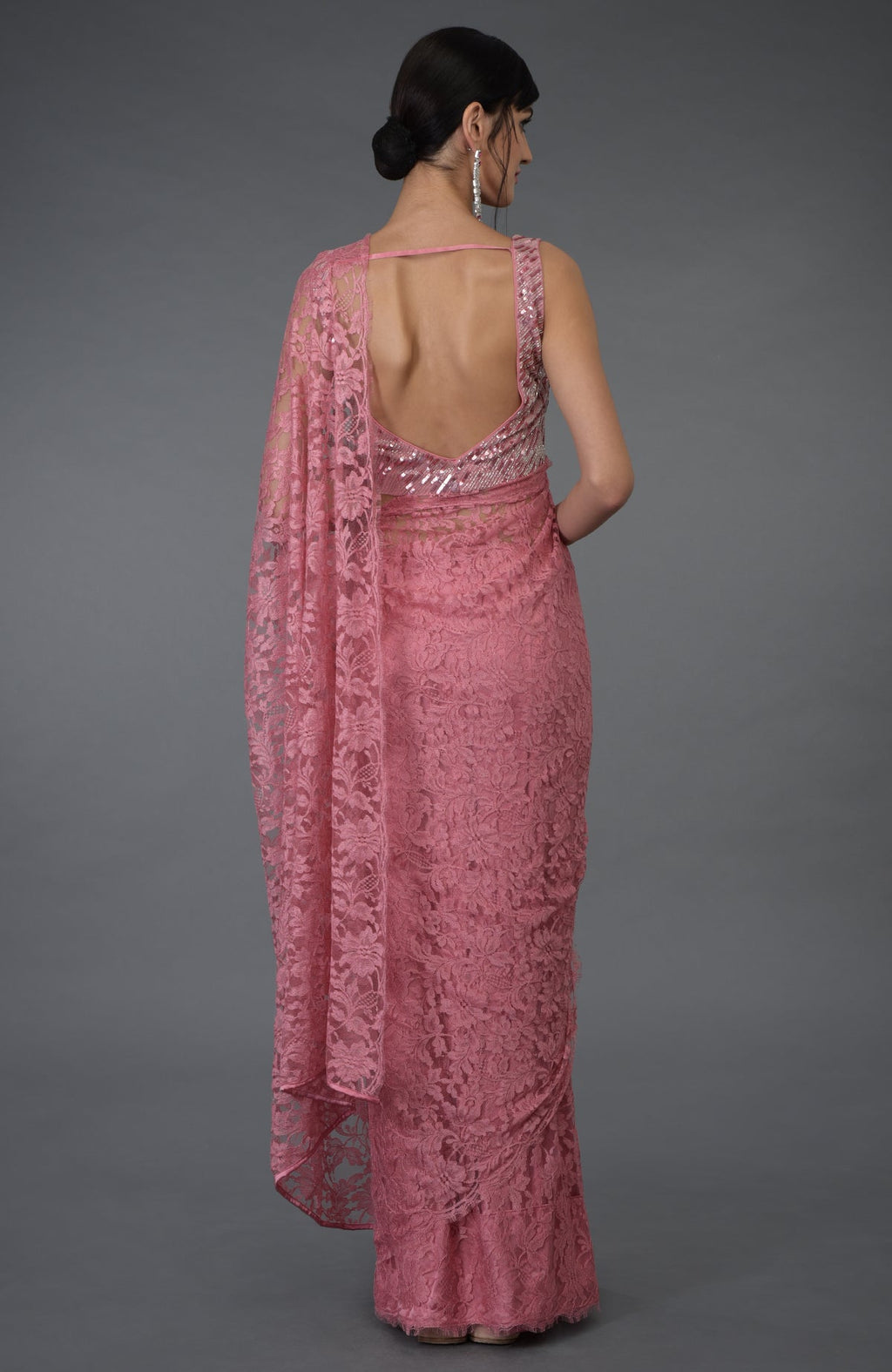 Pressed rose French Chantilly lace saree with hand embroidered sequin and bead blouse