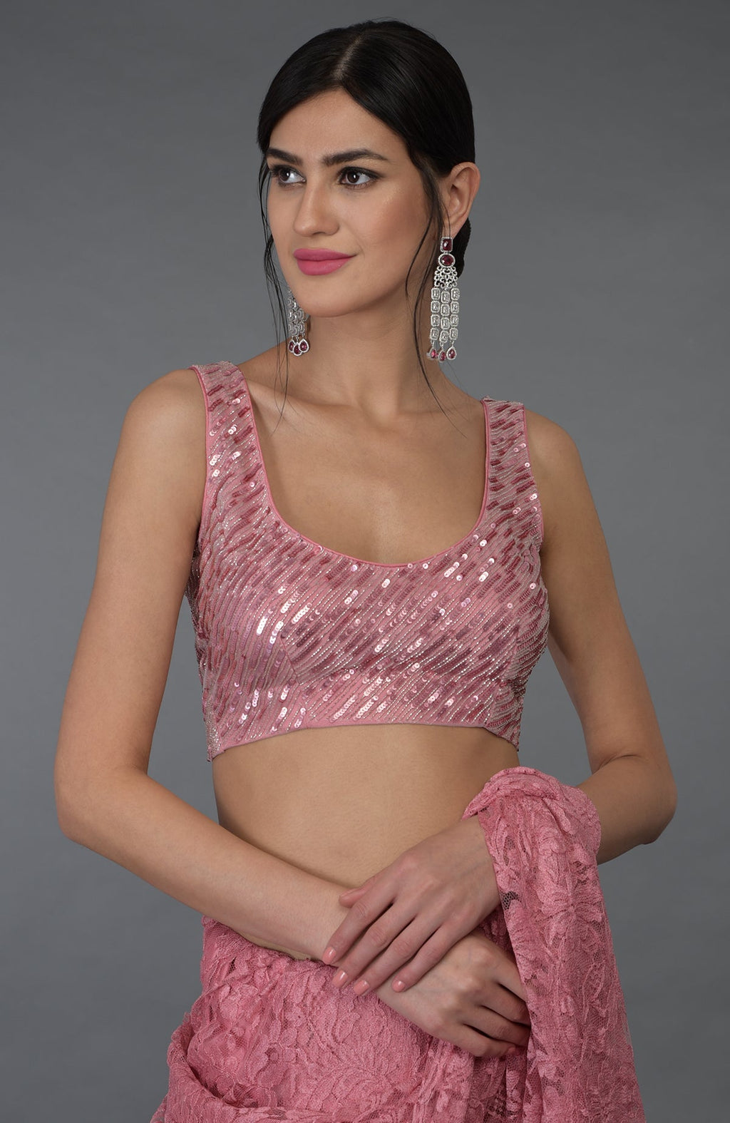 Pressed rose French Chantilly lace saree with hand embroidered sequin and bead blouse
