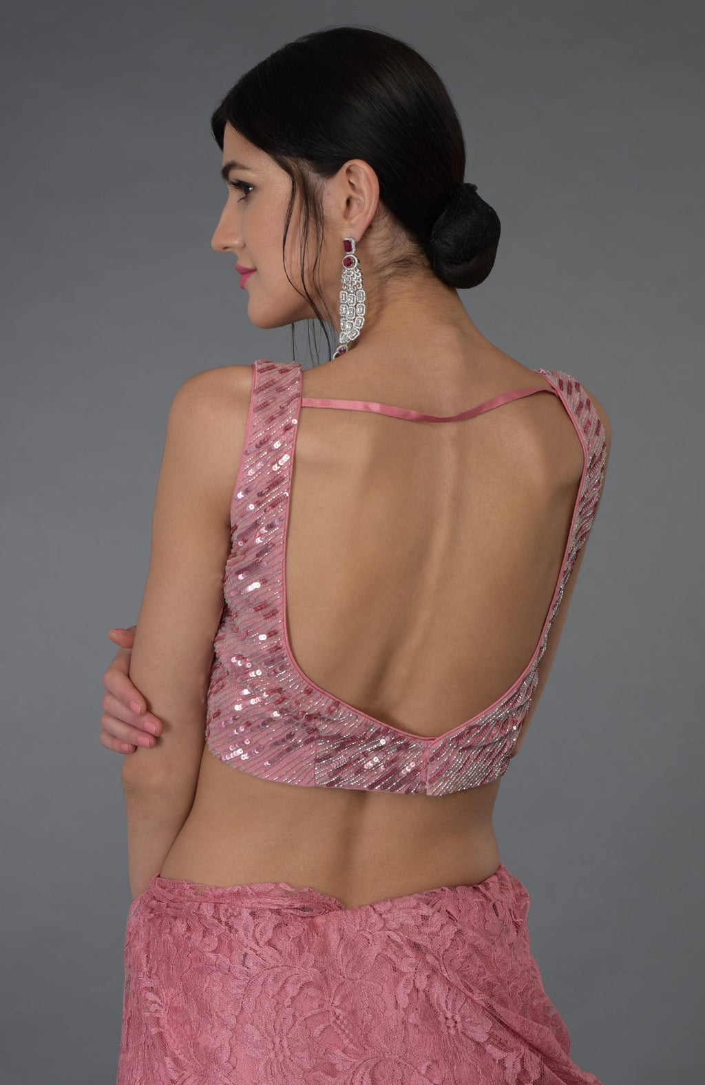 Pressed rose French Chantilly lace saree with hand embroidered sequin and bead blouse