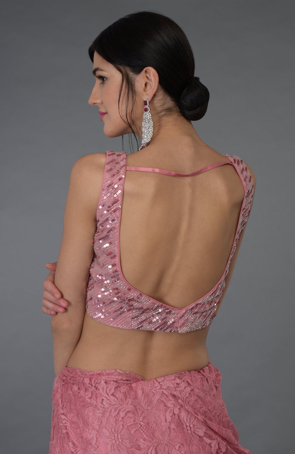 Pressed rose French Chantilly lace saree with hand embroidered sequin and bead blouse