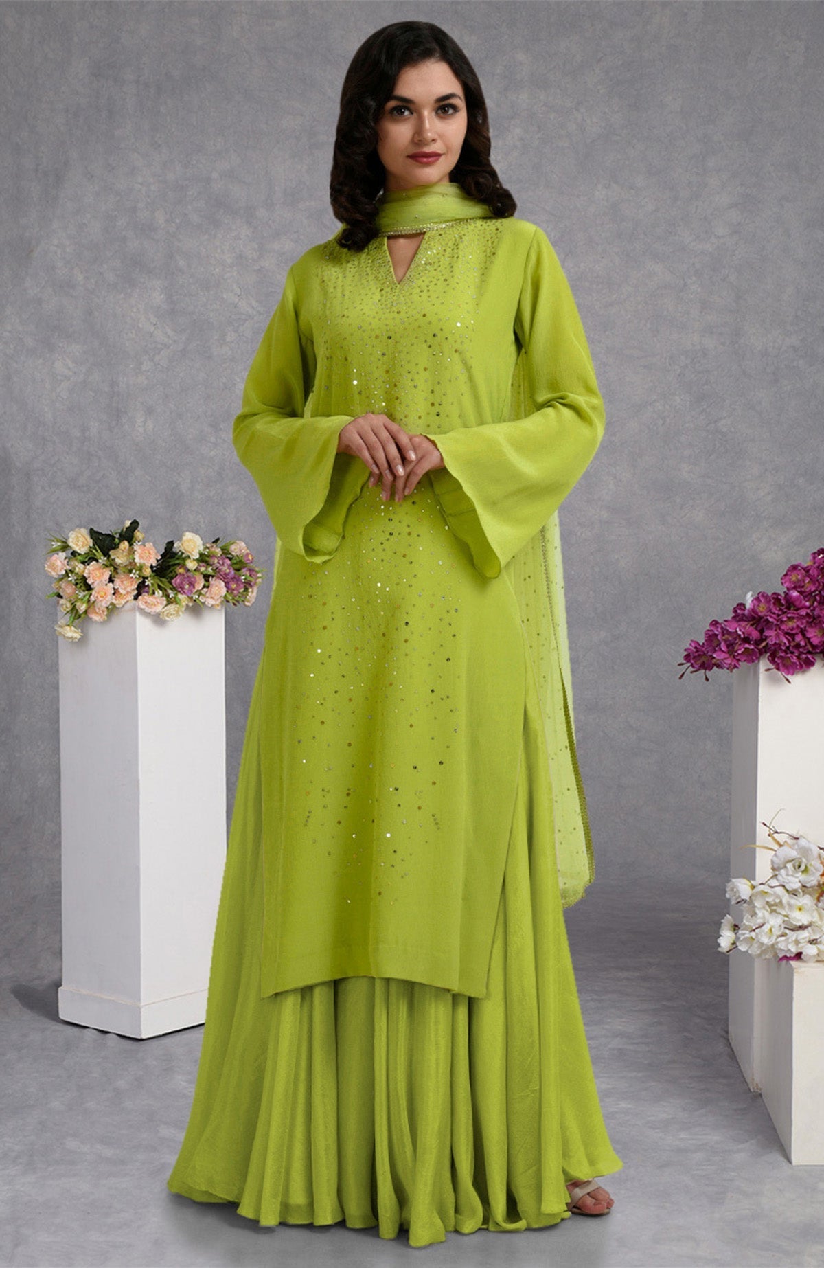 Lime punch crepe skirt set with hand-embroidered gold and silver sequin and sheer bell sleeves