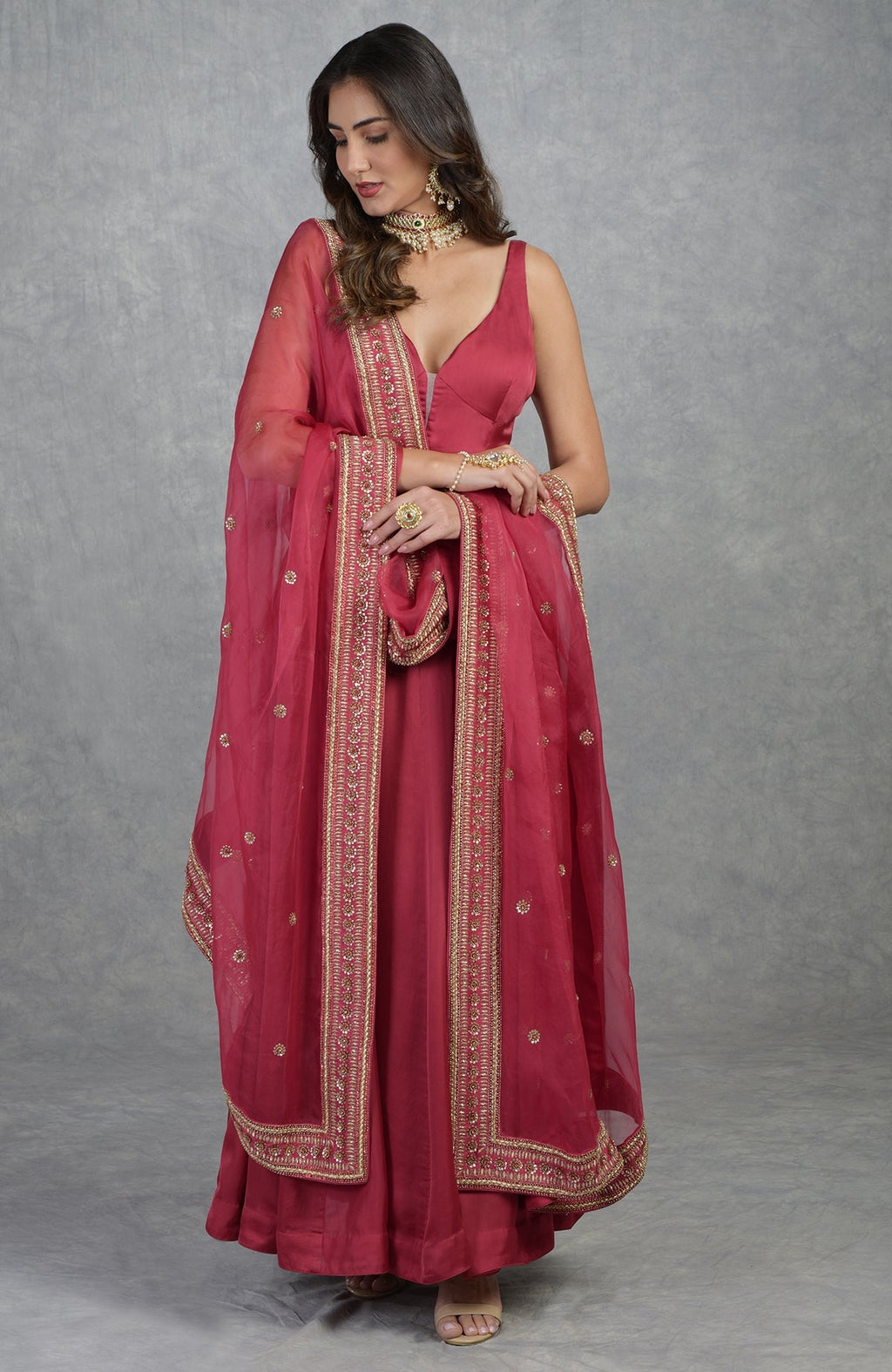 Garnet red Anarkali set with hand-embroidered gold zardozi dabka on organza fabric