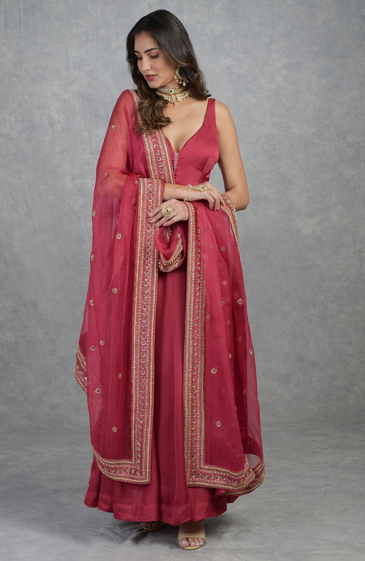 Garnet red Anarkali set with hand-embroidered gold zardozi dabka on organza fabric