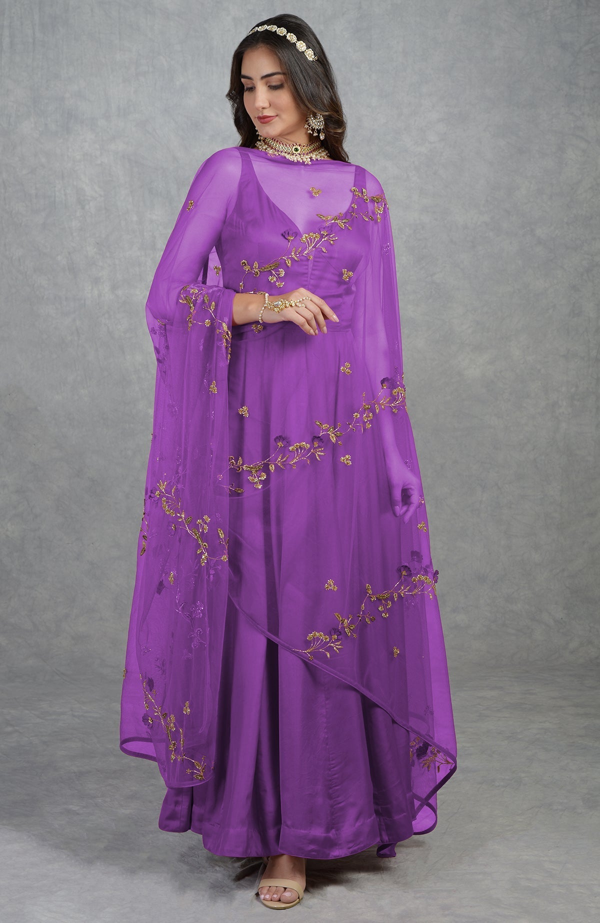 Garnet red Anarkali set with 3D floral suede petals and crystal bead hand embroidery on tulle.