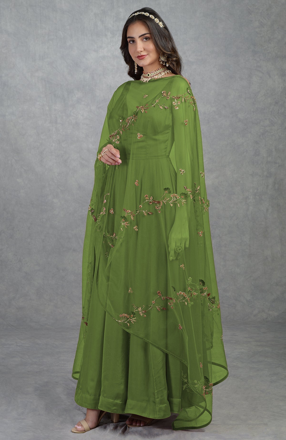 Garnet red Anarkali set with 3D floral suede petals and crystal bead embroidery on tulle.