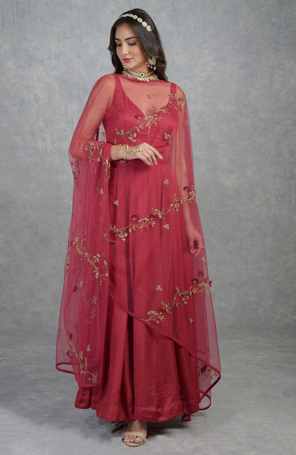 Garnet tulle dupatta with 3D floral suede petals, crystal beads, and gold hand embroidery
