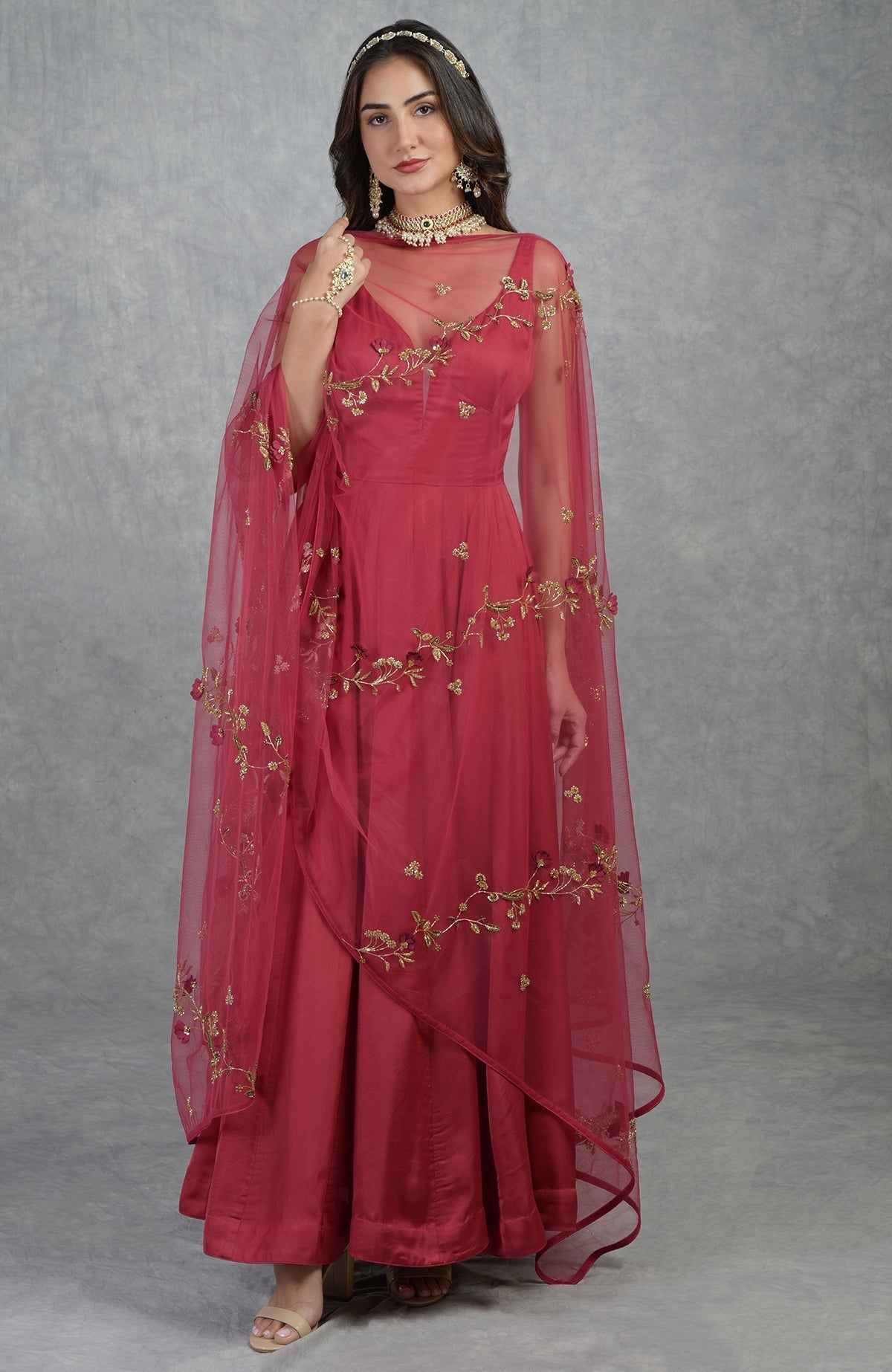 Garnet red Anarkali set with 3D floral suede embroidery and crystal bead detailing on tulle.