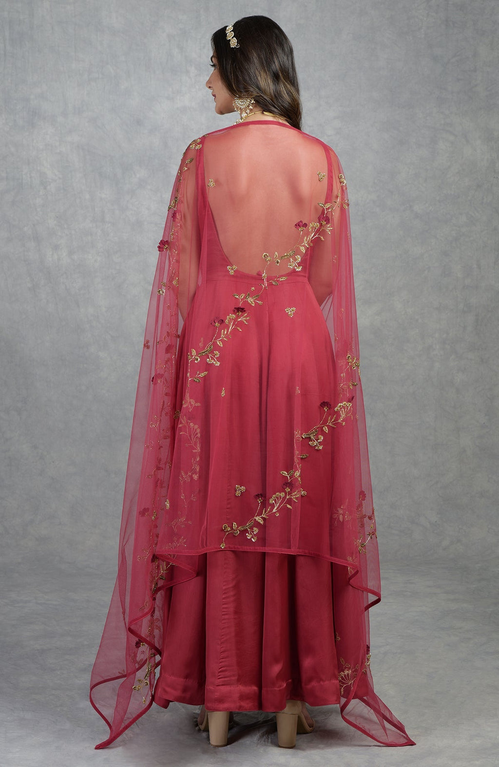 Delicate garnet tulle dupatta with 3D floral suede petals and hand-embroidered crystal beads
