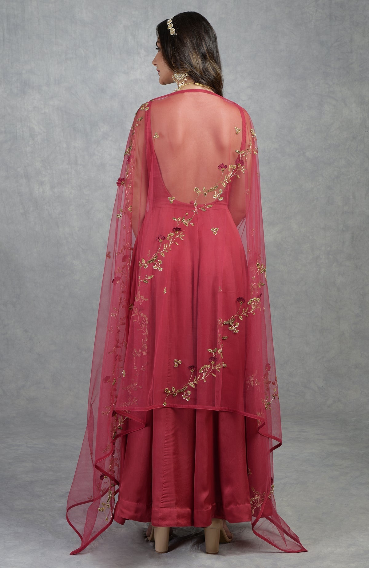 Delicate garnet tulle dupatta with 3D floral suede petals and hand-embroidered crystal beads